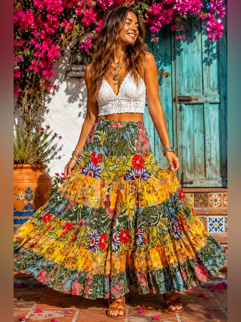 Solitaire LA Patchwork Tiered Boho Prairie Maxi Skirt Cotton Floral S Hippie